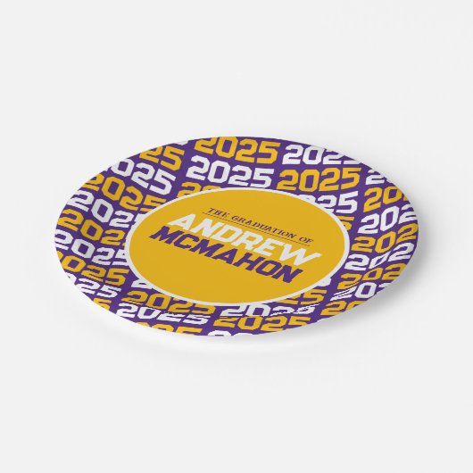 Paarse en goudgeel gepersonaliseerd Afstuderen Papieren Bordje (Gekanteld)