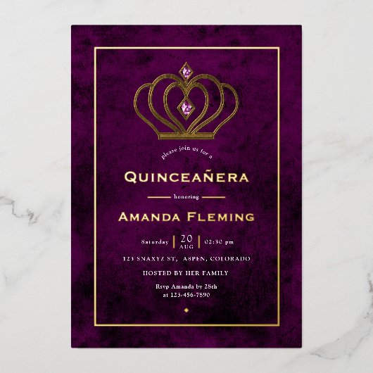 Paarse en goudgemstone Crown Quinceañera Folie Uitnodiging (Voorkant)