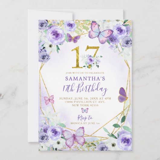 Paarse en goudgeometrische vlinder 17e verjaardag kaart (Voorkant)