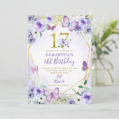 Paarse en goudgeometrische vlinder 17e verjaardag kaart (Staand voorkant)