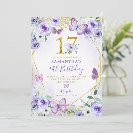 Paarse en goudgeometrische vlinder 17e verjaardag kaart (Staand voorkant)