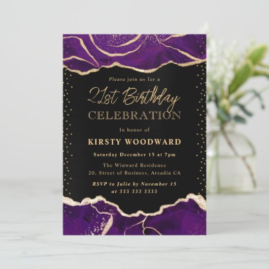 Paarse en goudglitter Agate Birthday Party Kaart (Staand voorkant)