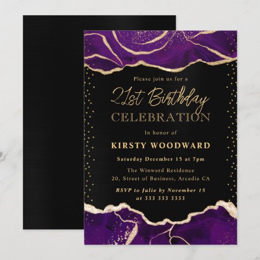 Paarse en goudglitter Agate Birthday Party Kaart (Voorkant / Achterkant)