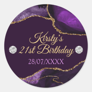 Paarse en goudglitter Agate Birthday Ronde Sticker