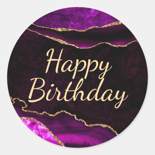 Paarse en goudglitter Agate Happy Birthday Ronde Sticker (Voorkant)