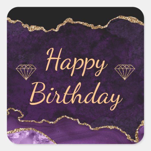 Paarse en goudglitter Agate Happy Birthday Vierkante Sticker (Voorkant)