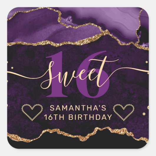 Paarse en goudglitter Agate Marble Sweet 16 Vierkante Sticker (Voorkant)