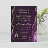 Paarse en goudglitter Agate & Marble Wedding Kaart (Staand voorkant)