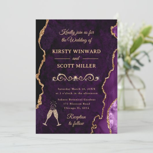 Paarse en goudglitter Agate & Marble Wedding Kaart (Staand voorkant)