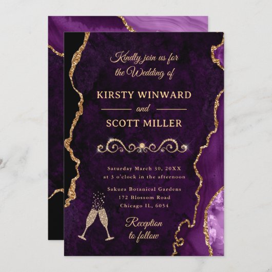 Paarse en goudglitter Agate & Marble Wedding Kaart (Voorkant / Achterkant)