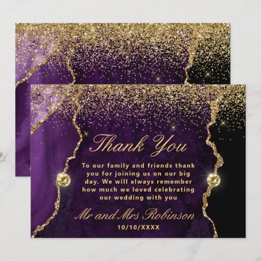 Paarse en goudglitter Agate Marmer Wedding Bedankkaart (Voorkant / Achterkant)