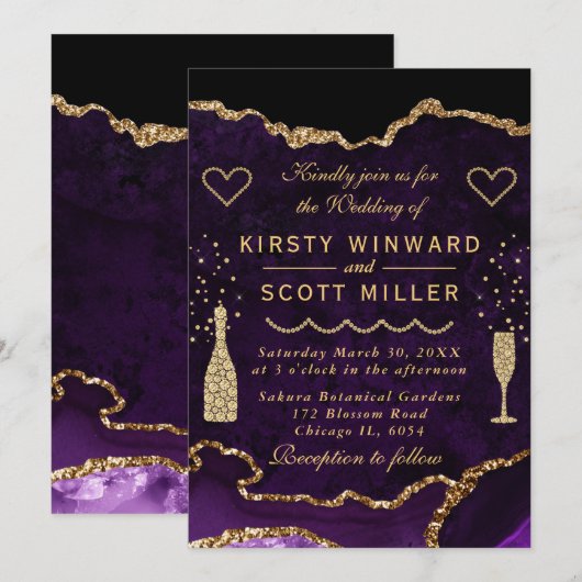 Paarse en goudglitter Agate Marmer Wedding Kaart (Voorkant / Achterkant)