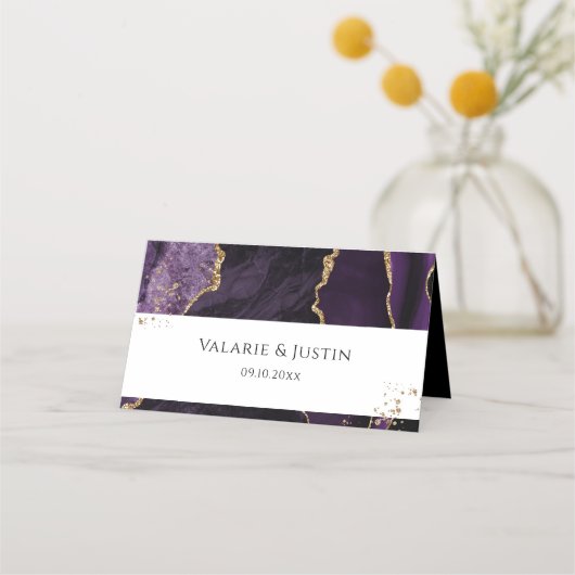 Paarse en goudglitter Agate Wedding Place Card Plaatskaartje (Voorkant)