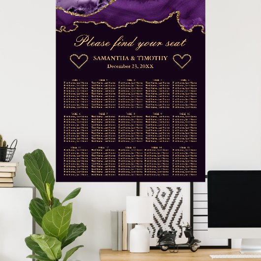 Paarse en goudglitter Agate Wedding Seating Chart Poster (Thuiskantoor)