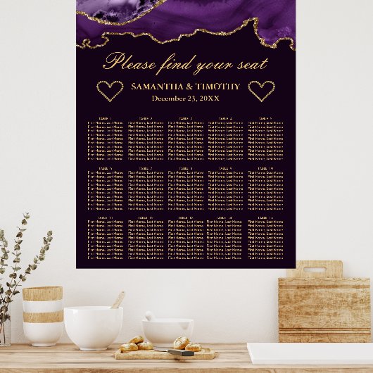 Paarse en goudglitter Agate Wedding Seating Chart Poster (Keuken)