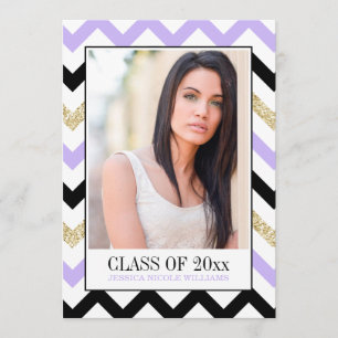 Paarse en goudglitter Chevron   Afstuderen Kaart
