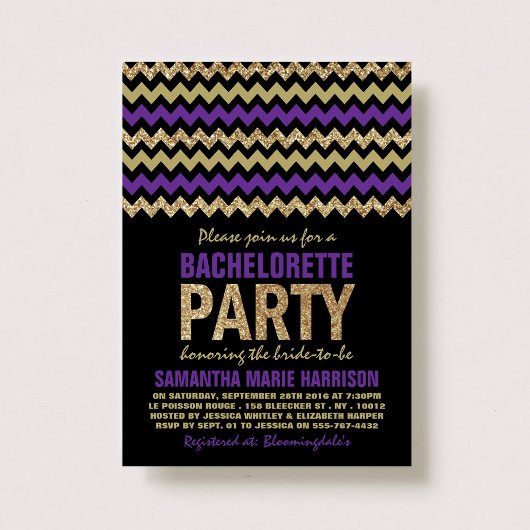 Paarse en goudglitter Chevron Bachelorette Kaart