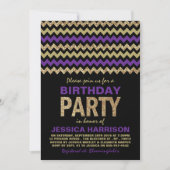Paarse en goudglitter Chevron Birthday Party Kaart (Voorkant)