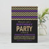 Paarse en goudglitter Chevron Birthday Party Kaart (Staand voorkant)