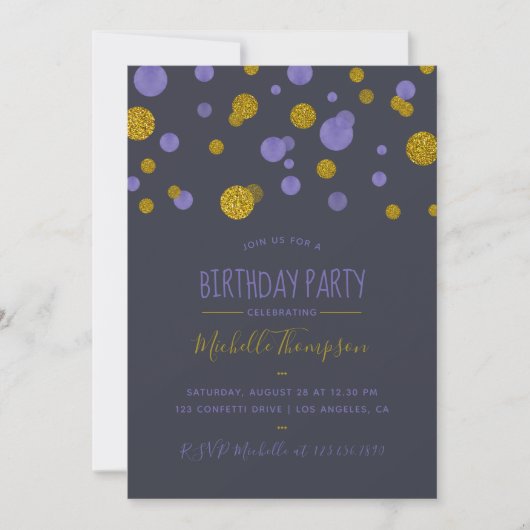 Paarse en goudglitter Confetti Birthday Party Kaart (Voorkant)
