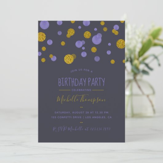 Paarse en goudglitter Confetti Birthday Party Kaart (Staand voorkant)