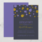 Paarse en goudglitter Confetti Birthday Party Kaart (Voorkant / Achterkant)