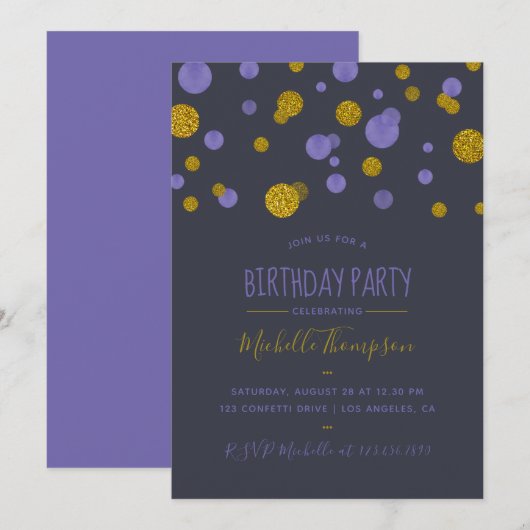 Paarse en goudglitter Confetti Birthday Party Kaart (Voorkant / Achterkant)