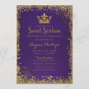 Paarse en goudglitter Crown Sweet 16 Party Kaart