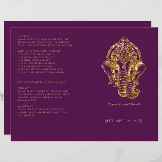 Paarse en goudglitter Hindu Wedding Programme (Voorkant / Achterkant)