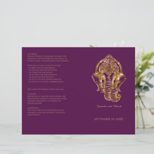 Paarse en goudglitter Hindu Wedding Programme (Staand voorkant)