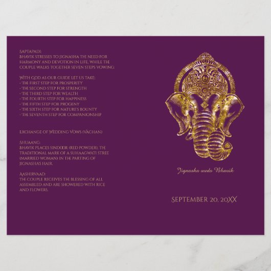 Paarse en goudglitter Hindu Wedding Programme (Voorkant)