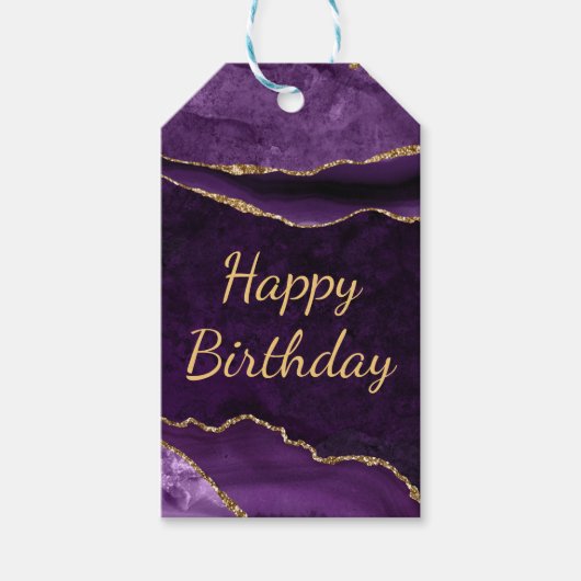 Paarse en goudglitter Marble Agate Happy Birthday Cadeaulabel (Voorkant)