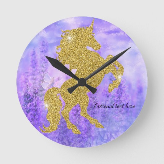 Paarse en goudglitter Unicorn Wall-klok Ronde Klok (Voorkant)
