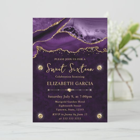Paarse en goudglitterAgate Sweet 16 Kaart (Staand voorkant)