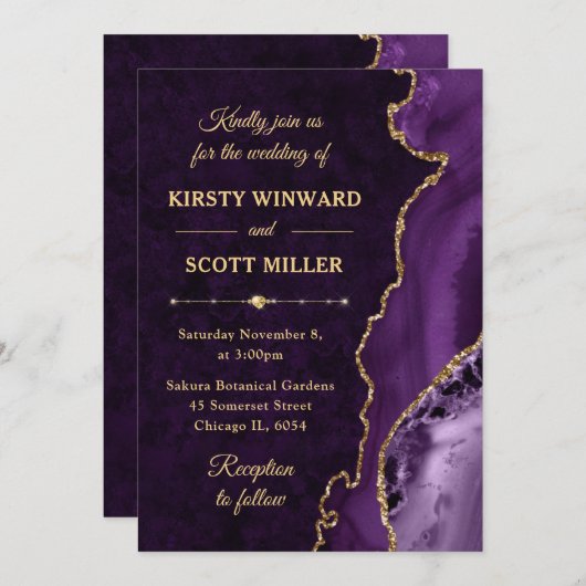 Paarse en goudglittergewas en marmer Wedding Kaart (Voorkant / Achterkant)