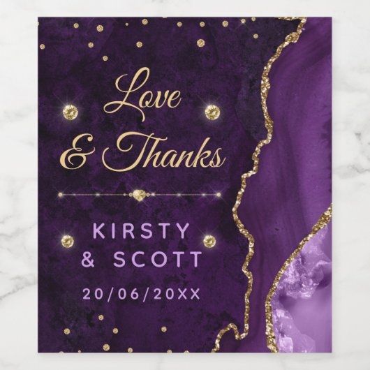 Paarse en goudglittergewas en marmer Wedding Wijn Etiket (Enkel label)