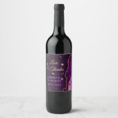 Paarse en goudglittergewas en marmer Wedding Wijn Etiket (Voorkant)