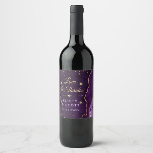 Paarse en goudglittergewas en marmer Wedding Wijn Etiket (Voorkant)