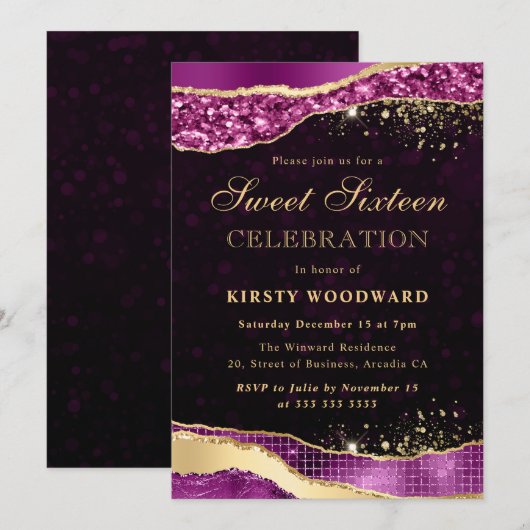 Paarse en goudglitterscheuren zoete zestien kaart (Voorkant / Achterkant)