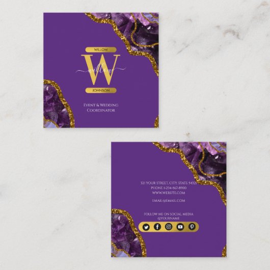 Paarse en goudgrijze Geode Glitter Monogram Marmer Vierkante Visitekaartje (Voorkant / Achterkant)