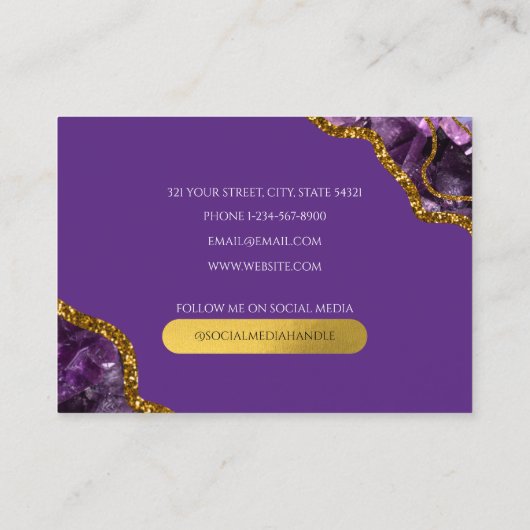 Paarse en goudgrijze Geode Glitter Monogram Marmer Visitekaartje (Achterkant)