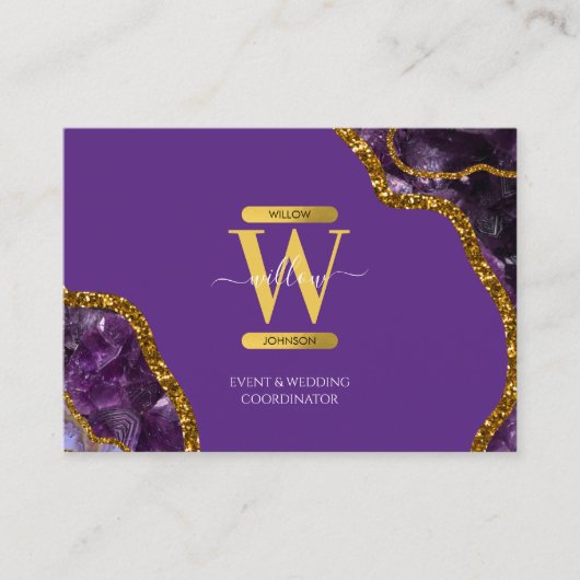 Paarse en goudgrijze Geode Glitter Monogram Marmer Visitekaartje (Voorkant)