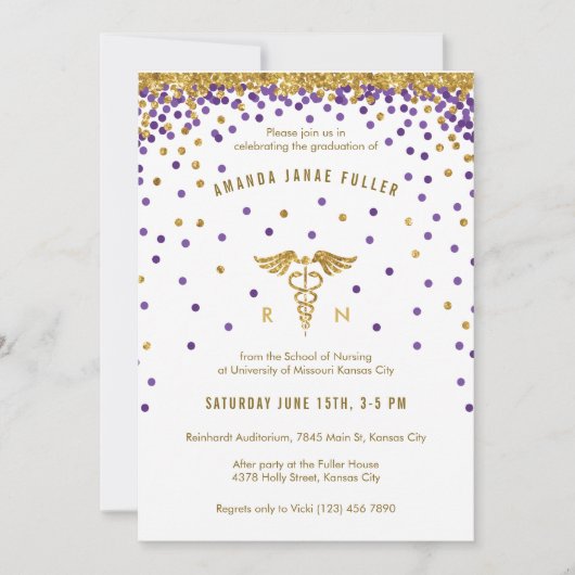Paarse en goudhoudende Confetti Verpleegkundige Af Kaart (Voorkant)