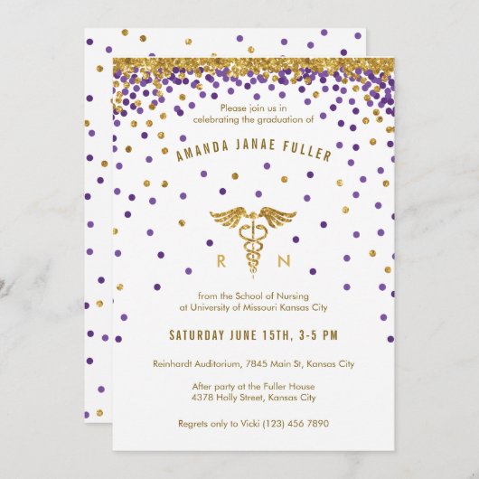 Paarse en goudhoudende Confetti Verpleegkundige Af Kaart (Voorkant / Achterkant)