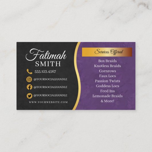 Paarse en goudhoudende haarvleksalon visitekaartje (Achterkant)