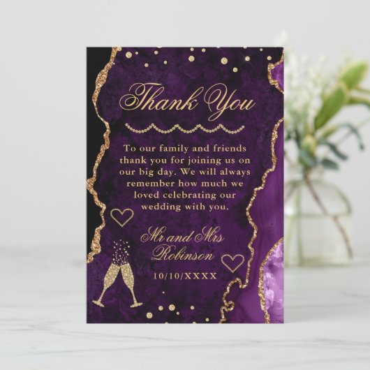 Paarse en goudkleurige marmer Agate Wedding Bedankkaart (Staand voorkant)