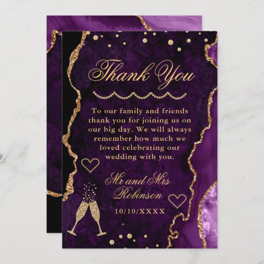 Paarse en goudkleurige marmer Agate Wedding Bedankkaart (Voorkant / Achterkant)
