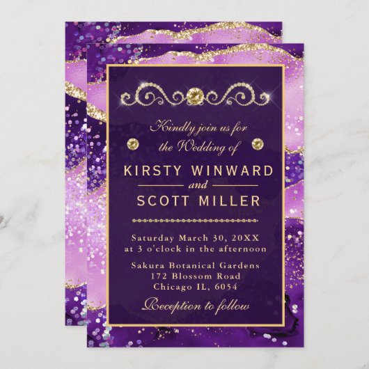 Paarse en goudkleurige marmer Agate Wedding Kaart (Voorkant / Achterkant)