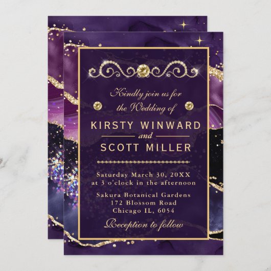 Paarse en goudkleurige marmer Agate Wedding Kaart (Voorkant / Achterkant)