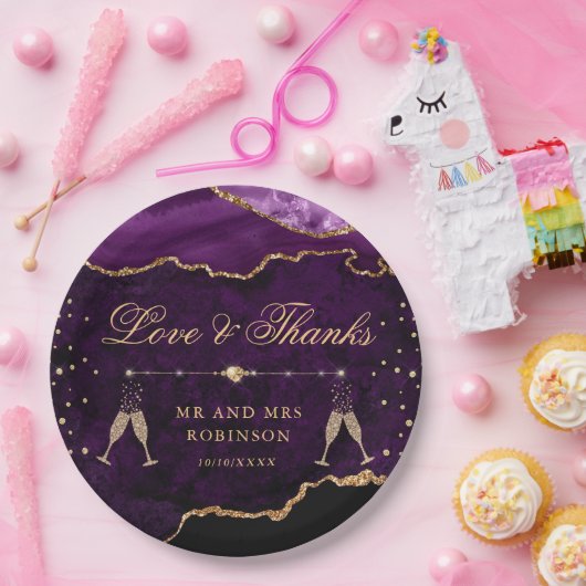 Paarse en goudkleurige marmer Agate Wedding Papieren Bordje (Feest)